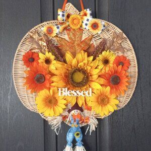 Sunflowers Fall Wreath BLESSED Sign Thanksgiving Pumpkin Wall Door Hanger Decor